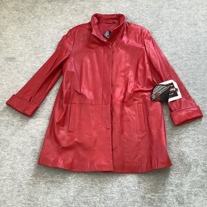 Vintage Tibor Leathers NWT Long Red Genuine Leather Buttondown Coat Sz. 16